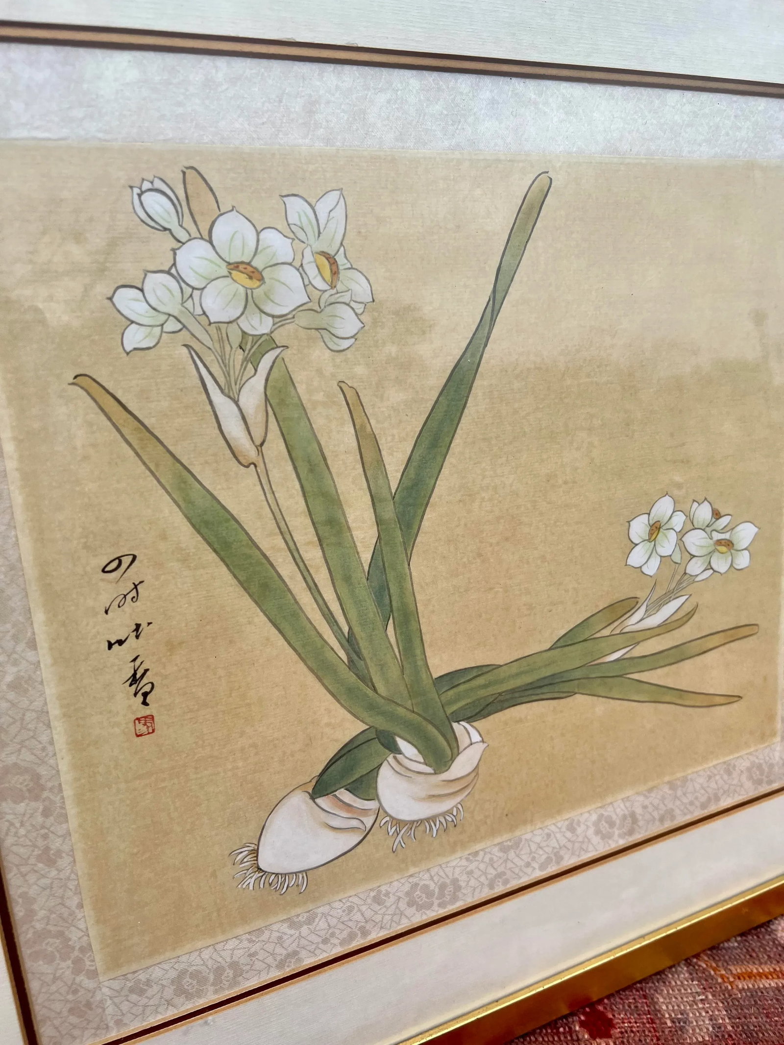 Chinese Paper White Narcissus Bulb Watercolor Gouache Painting on Silk- Framed - 6