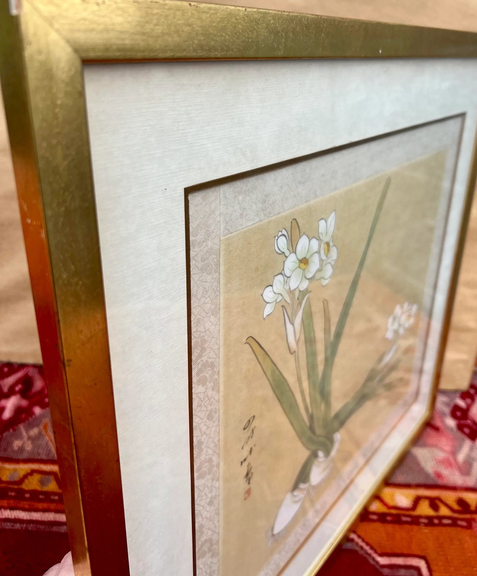 Chinese Paper White Narcissus Bulb Watercolor Gouache Painting on Silk- Framed - 8
