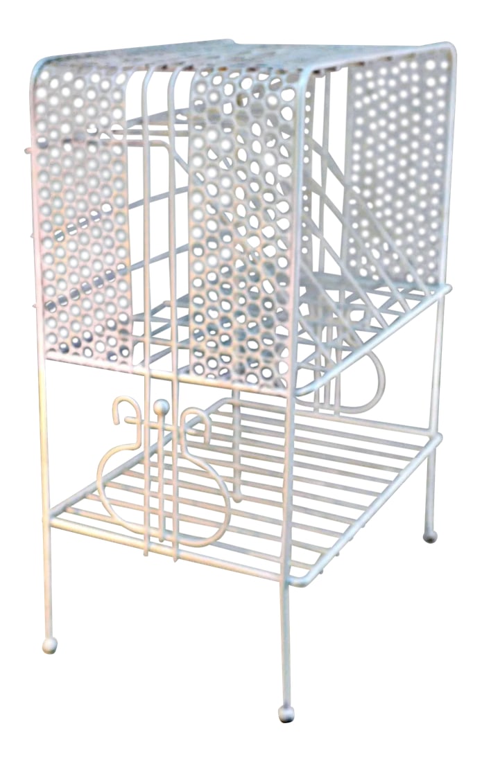 1960s Vintage Metal Music or Magazine Stand: 1960s metal music stand and storage table in white color. Middle section holds records with additional shelves for storage. No maker's mark. Condition: Alterations: Original Condition Unaltered Imperf