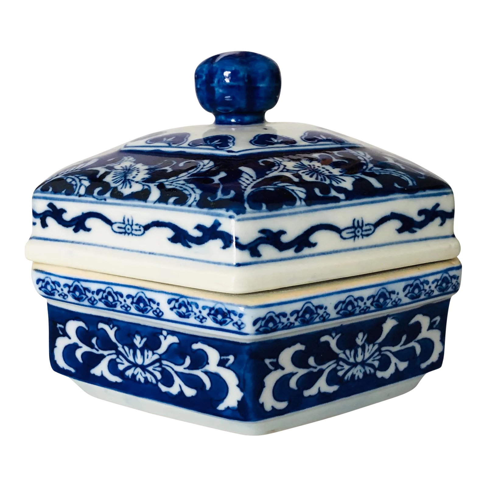 Vintage Chinese Blue & White Porcelain Lidded Candy Dish: Vintage blue and white Chinese porcelain lidded candy dish or bowl, makers mark Chinese letter s . 7"WX6"DX5.5"H Condition: Alterations: Original Condition Unaltered Imperfections: Some Imperfections