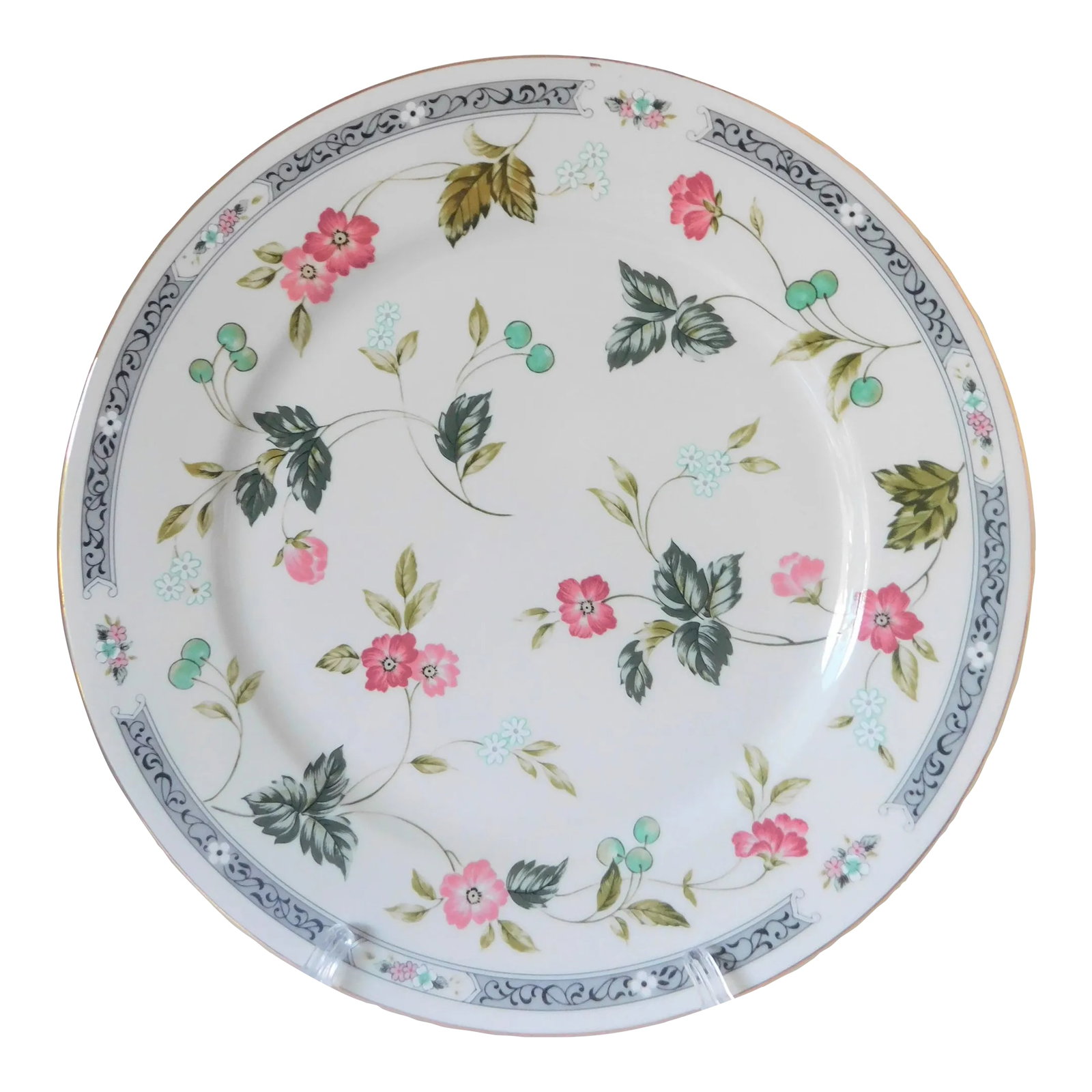1980s Andra Sadek Vintage Floral Chinoiserie, Hollywood Regency Porcelain Cake/Serving Plate: Fabulous 1980's Andrea Chinoiserie by Sadek Floral Cake/Serving/Wall Plate, Made in Thailand. This wonderful decorative Hollywood Regency period ceramic/porcelain piece with a gold leaf border
