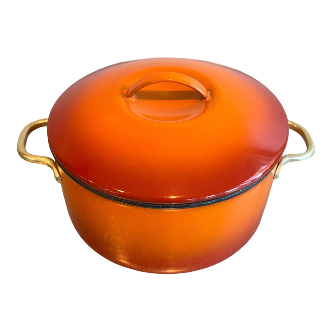 Mid Century Modern Enameled Pot With Lid: Mid century modern enameled pan in good vintage condition. Condition: Alterations: Original Condition Unaltered Imperfections: Some Imperfections Condition Notes: Wear is consistent with its age.