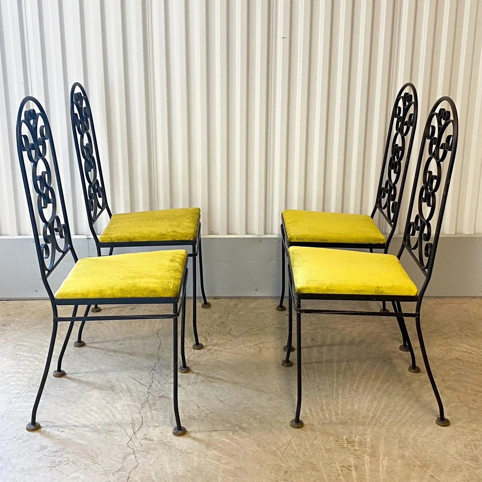 Vintage Arthur Umanoff Attributed Iron Chairs With Chartreuse Velvet Seats - Set of 4 - 11