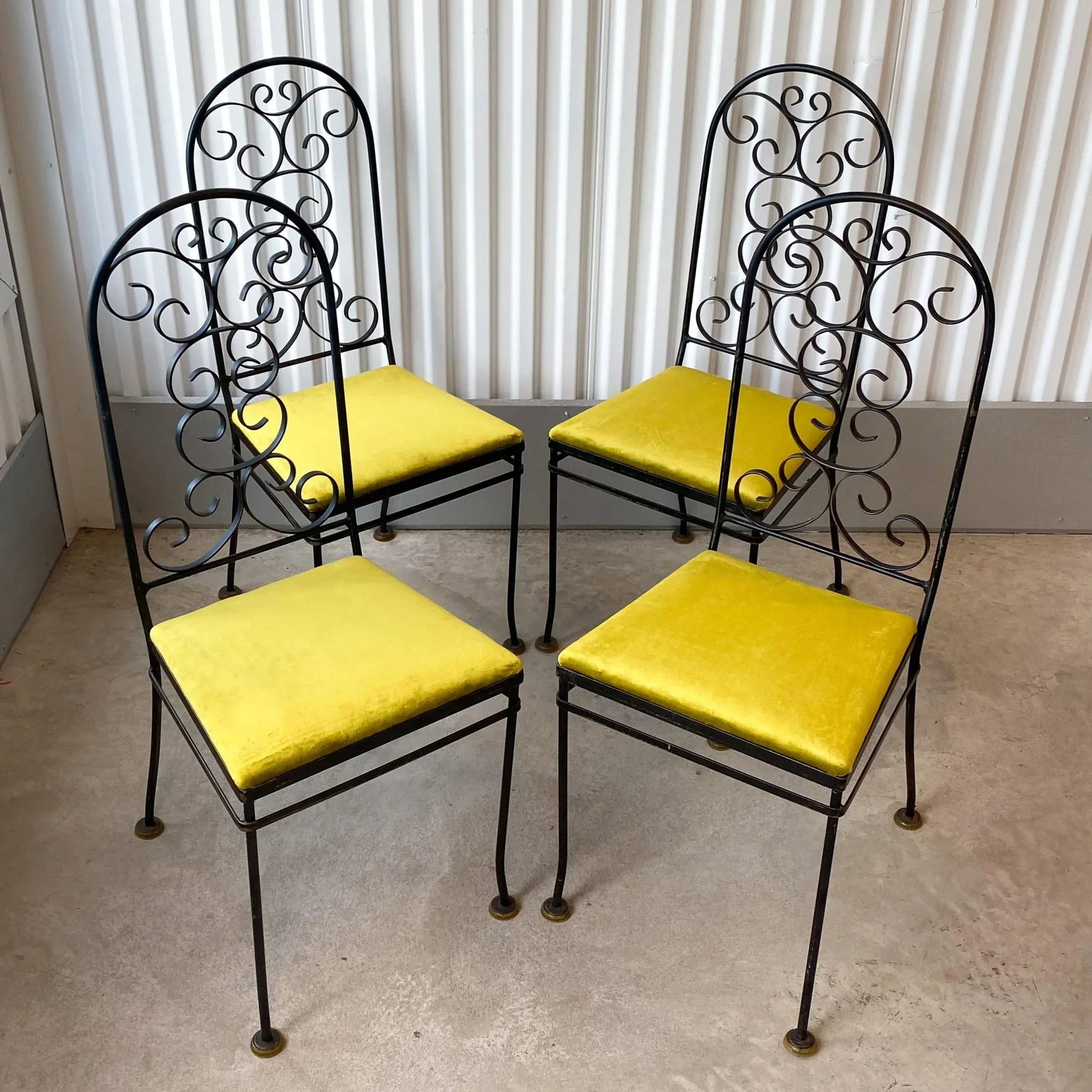 Vintage Arthur Umanoff Attributed Iron Chairs With Chartreuse Velvet Seats - Set of 4 - 12