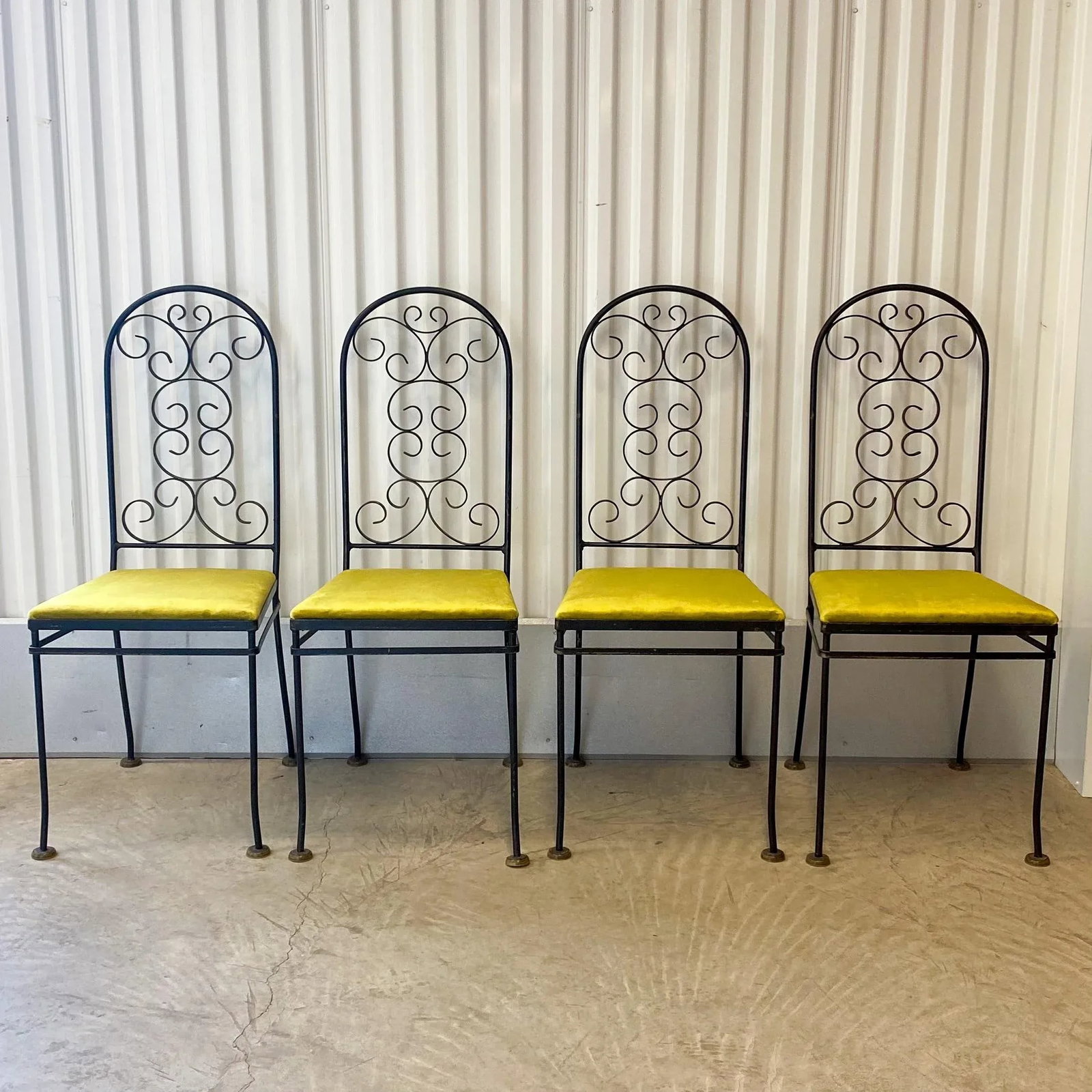 Vintage Arthur Umanoff Attributed Iron Chairs With Chartreuse Velvet Seats - Set of 4 - 2