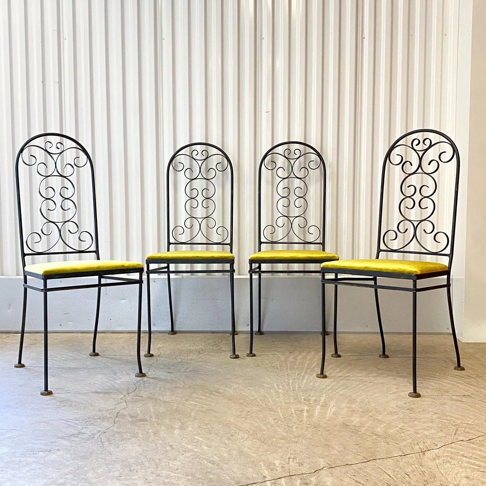 Vintage Arthur Umanoff Attributed Iron Chairs With Chartreuse Velvet Seats - Set of 4 - 3
