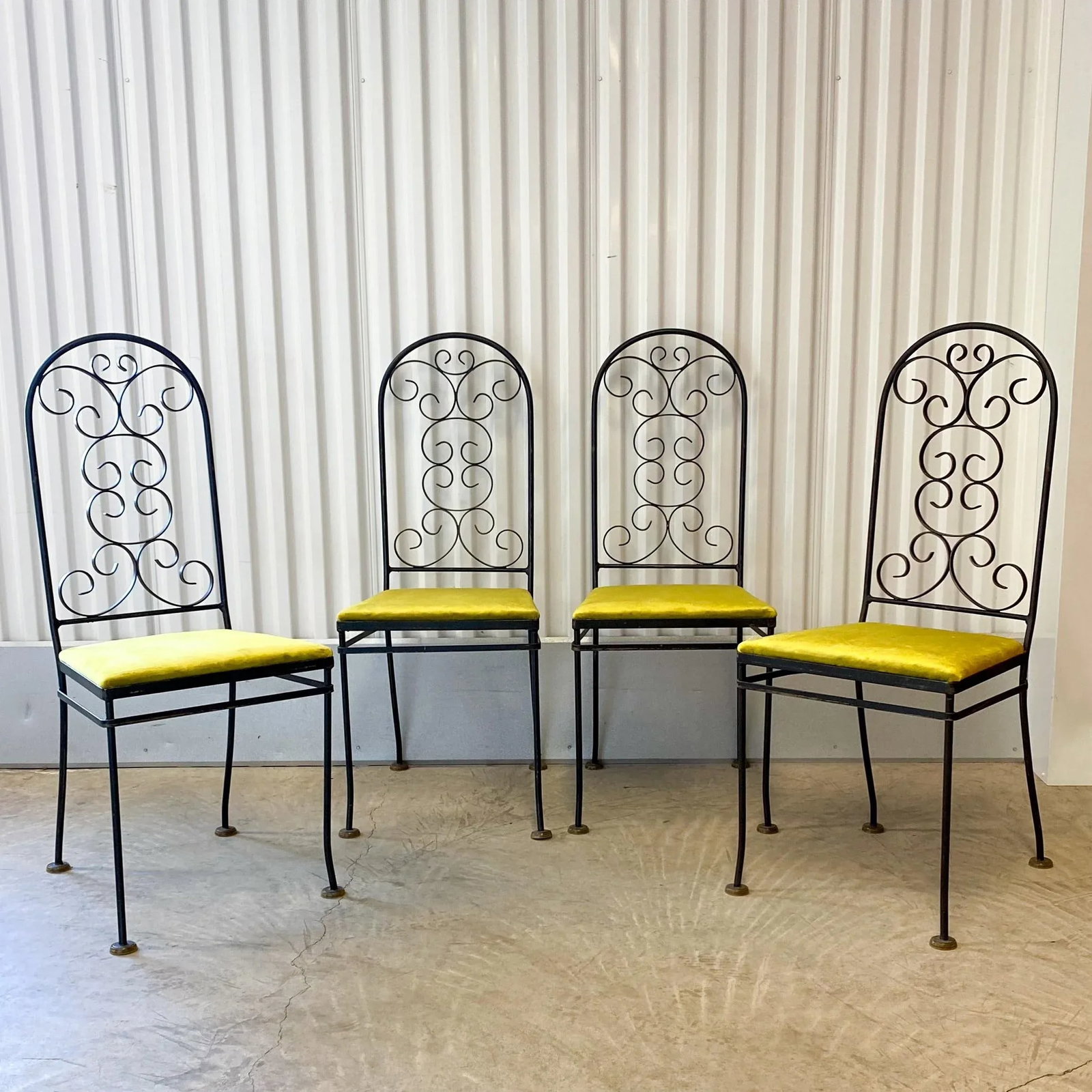 Vintage Arthur Umanoff Attributed Iron Chairs With Chartreuse Velvet Seats - Set of 4 - 4