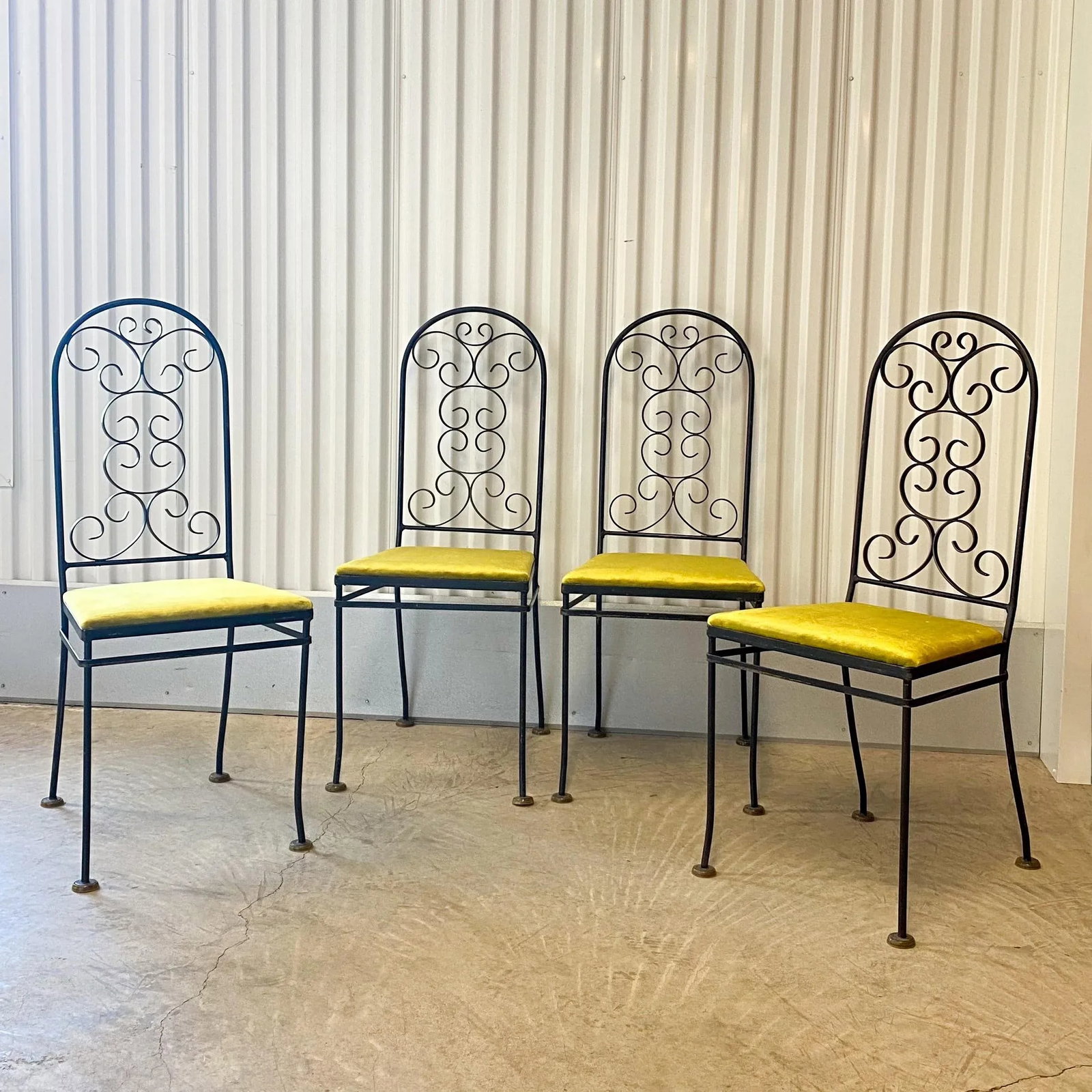Vintage Arthur Umanoff Attributed Iron Chairs With Chartreuse Velvet Seats - Set of 4 - 5