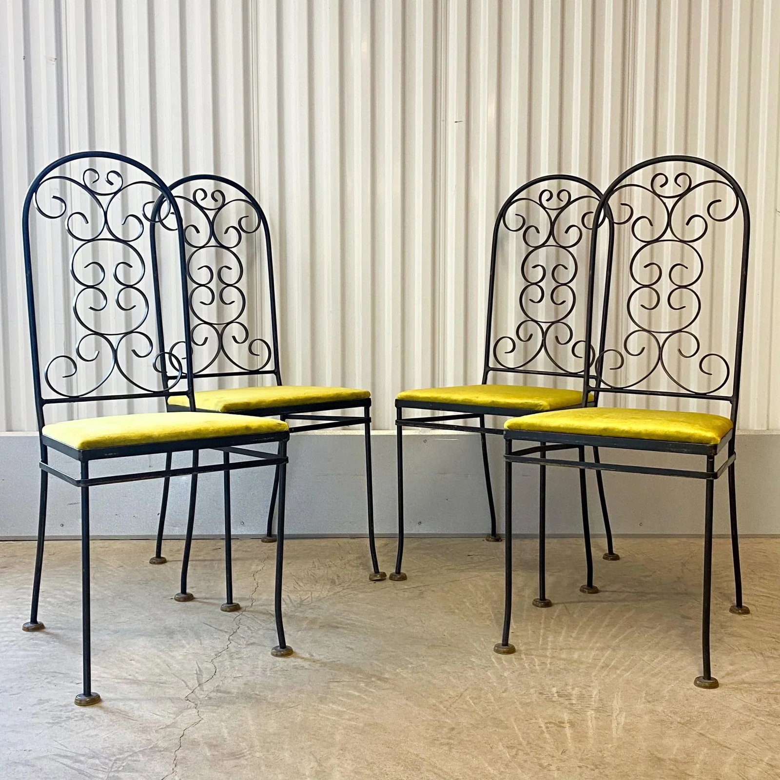 Vintage Arthur Umanoff Attributed Iron Chairs With Chartreuse Velvet Seats - Set of 4 - 6