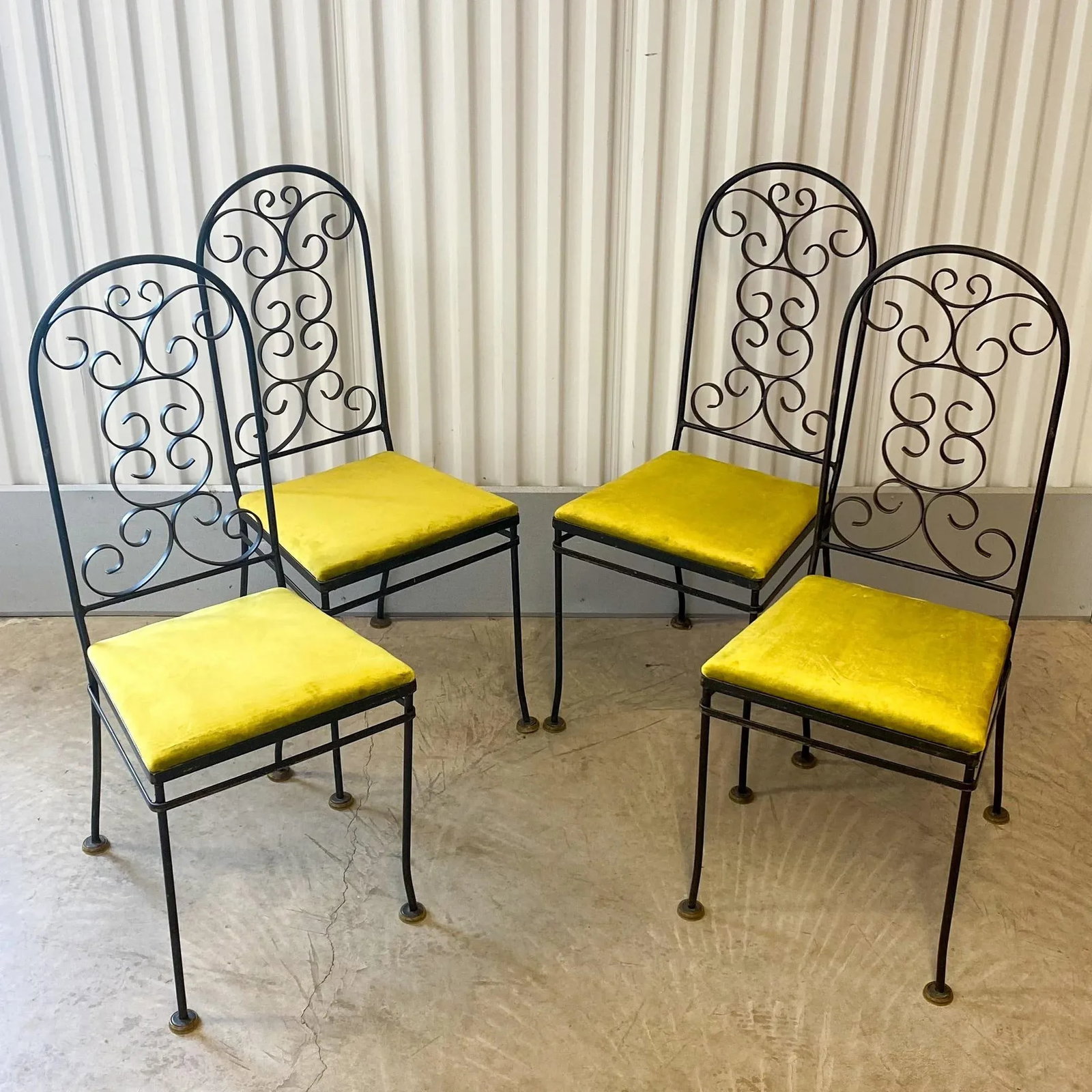 Vintage Arthur Umanoff Attributed Iron Chairs With Chartreuse Velvet Seats - Set of 4 - 7
