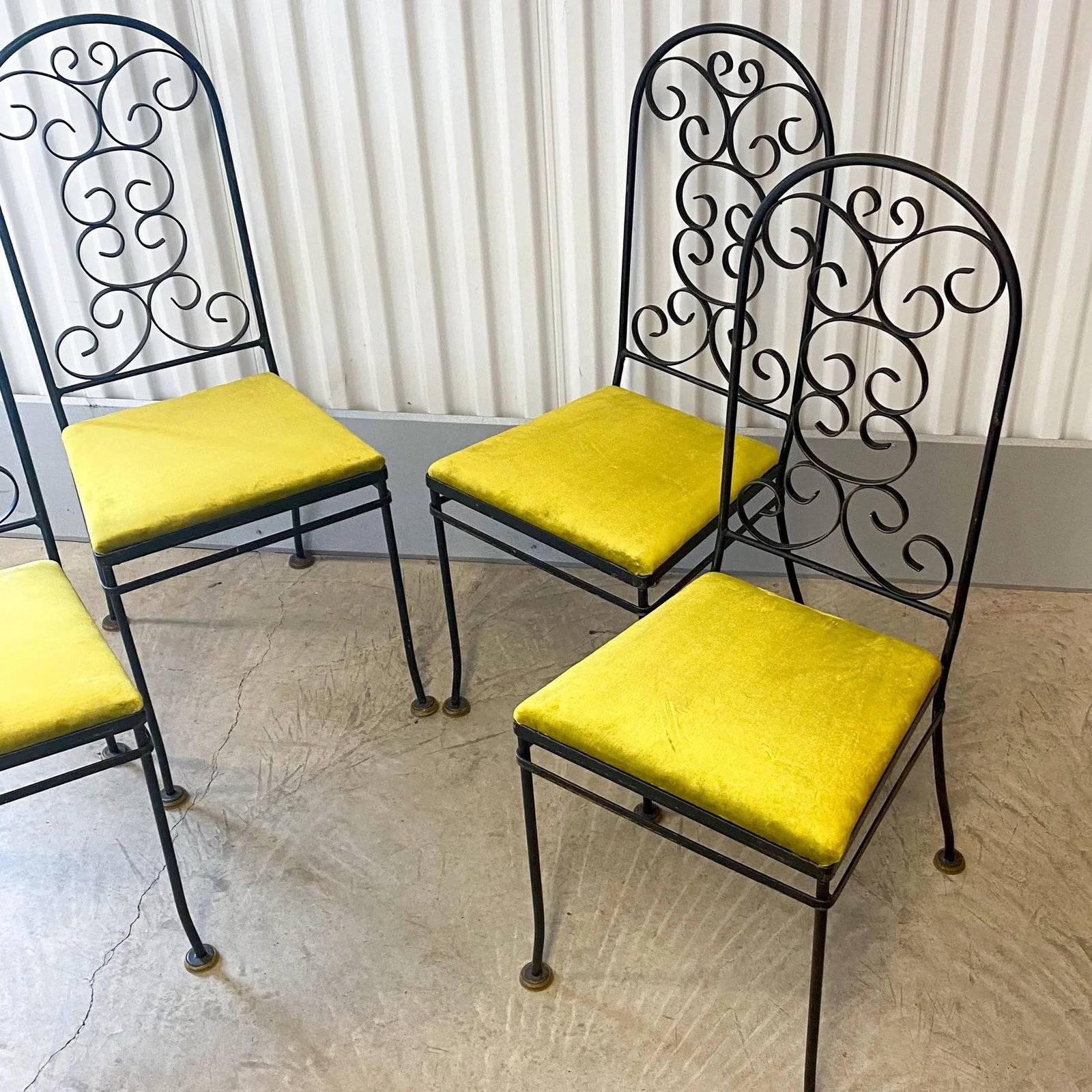 Vintage Arthur Umanoff Attributed Iron Chairs With Chartreuse Velvet Seats - Set of 4 - 8