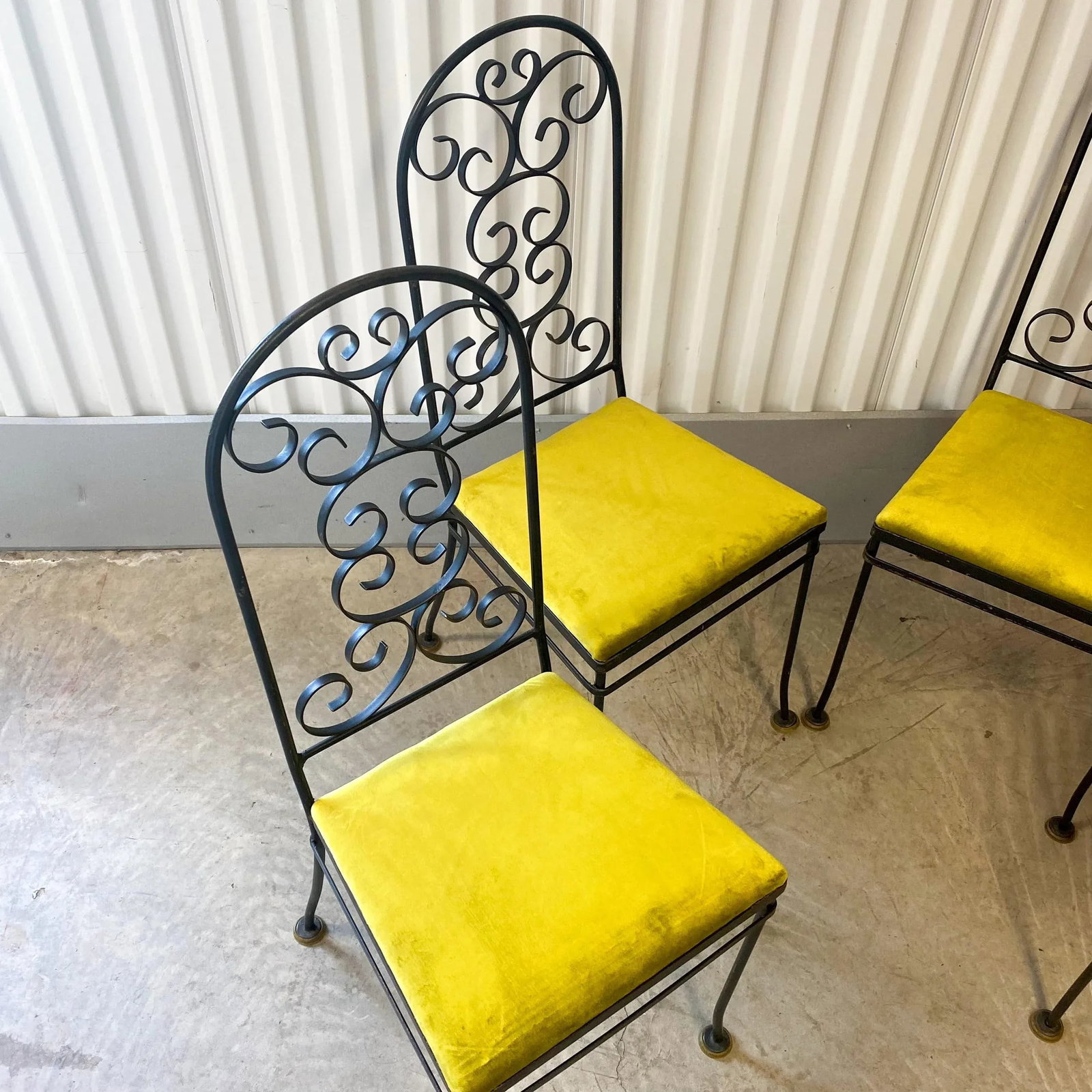 Vintage Arthur Umanoff Attributed Iron Chairs With Chartreuse Velvet Seats - Set of 4 - 9