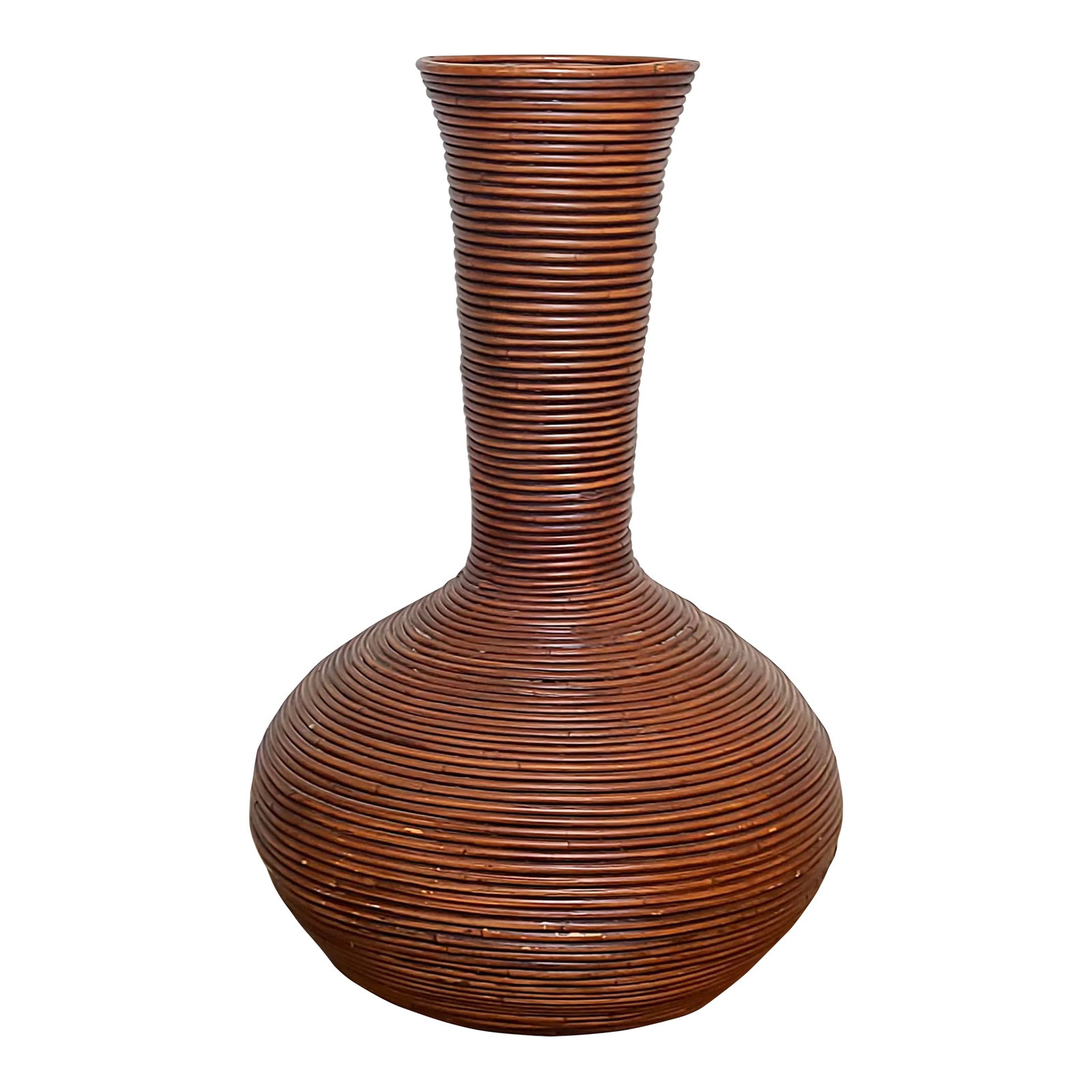 1970's Gabriella Crespi Attributed Pencil Reed Rattan Floor Vase: Boho chic floor vase constructed of bent pencil reed rattan. Use as a holder for dried stalks or display on its own as a work of art. Measures approximately 23" tall with a 12" base, 47"