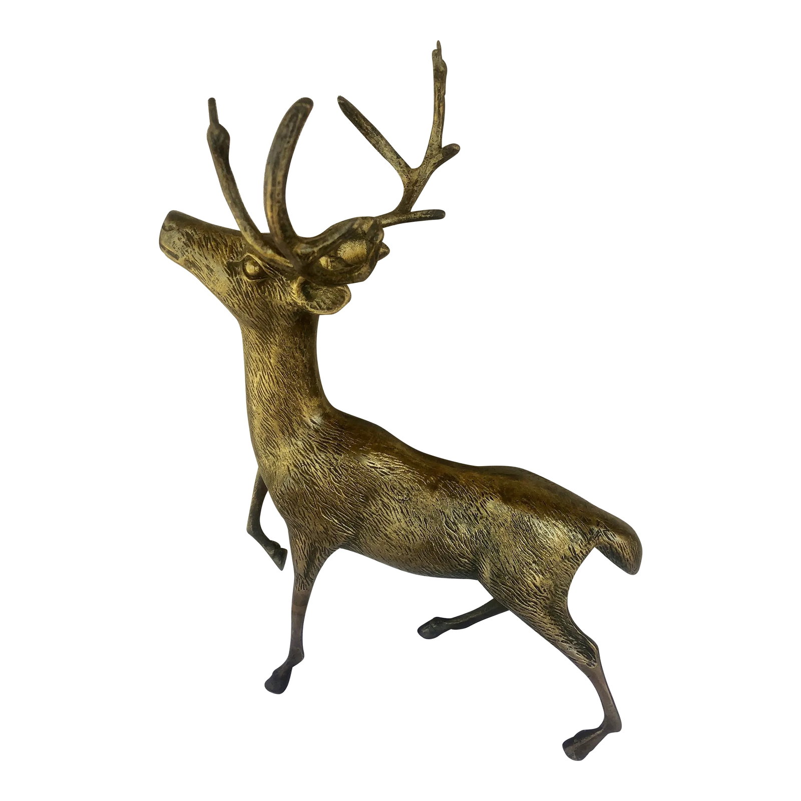 Large Brass Deer/Stag: Large brass deer or stag in a standing position. Has a large impress rack with original brass patina. Condition: Alterations: Original Condition Unaltered Imperfections: Some Imperfections Condition N