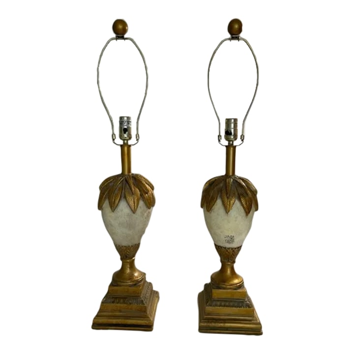 Palm Beach Regency Egg and Palm Lamps - a Pair: Palm Beach Regency Chinoiserie Egg and Palm Lamps, . Elegant Lamps have statement palm fronds sitting atop cream colored "eggs." Wonderfully detailed gilt base has smaller fronds surrounding. Gold