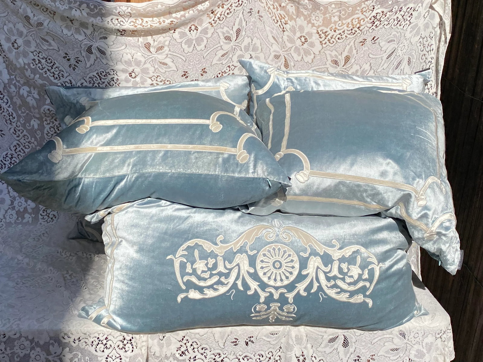 Lili Alessandra Set of 6 Bed Pillows Ice Blue Velvet Versailles - Early 21st Century - 2