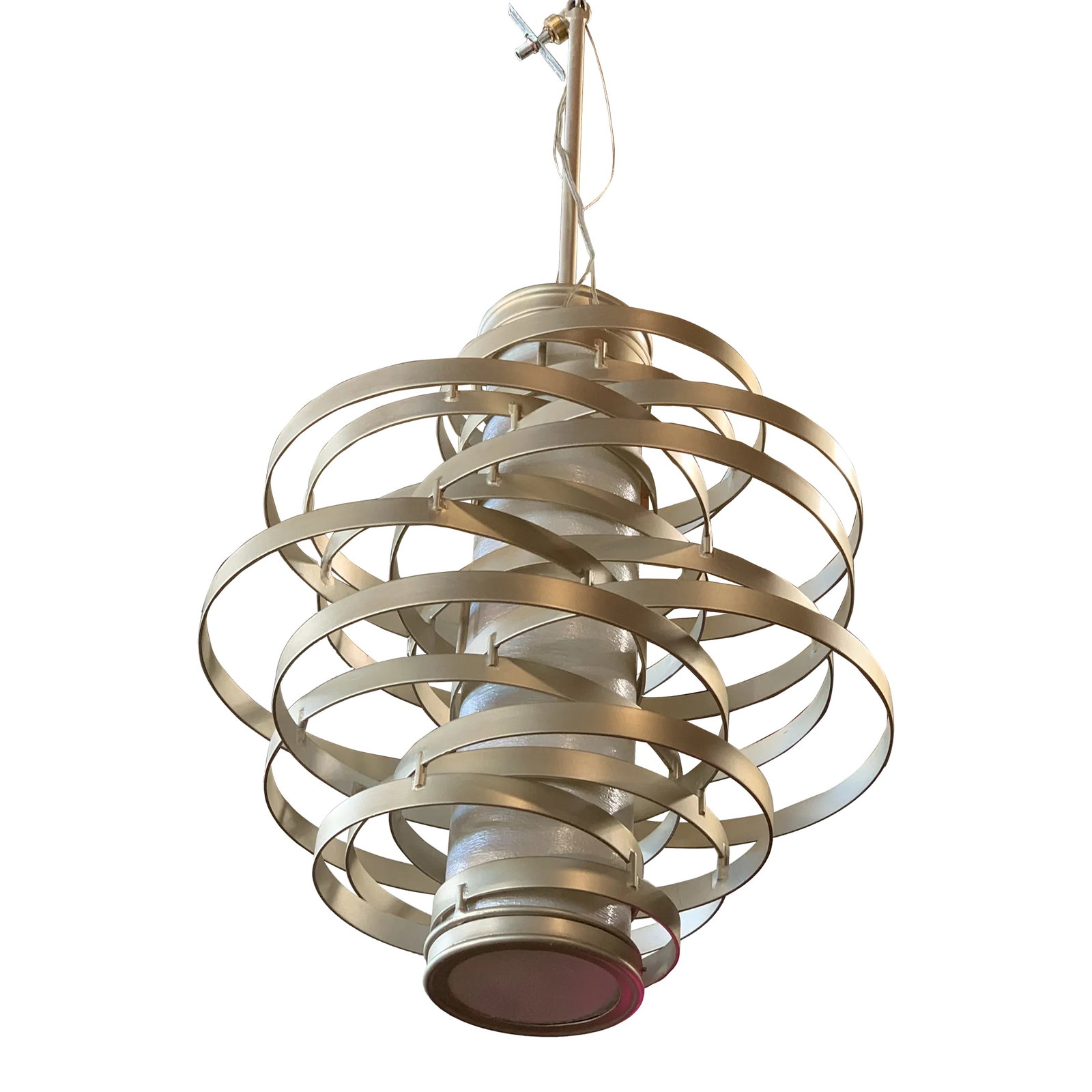 Corbett Lighting "Vertigo" 3 Light Chandelier in Silver Covered Forged Iron: "Vertigo" is a signature piece of Corbett Lighting made from intertwining circular handcrafted rings fused together to create a truly inspired concept of lighting.. The silver has warm tones and