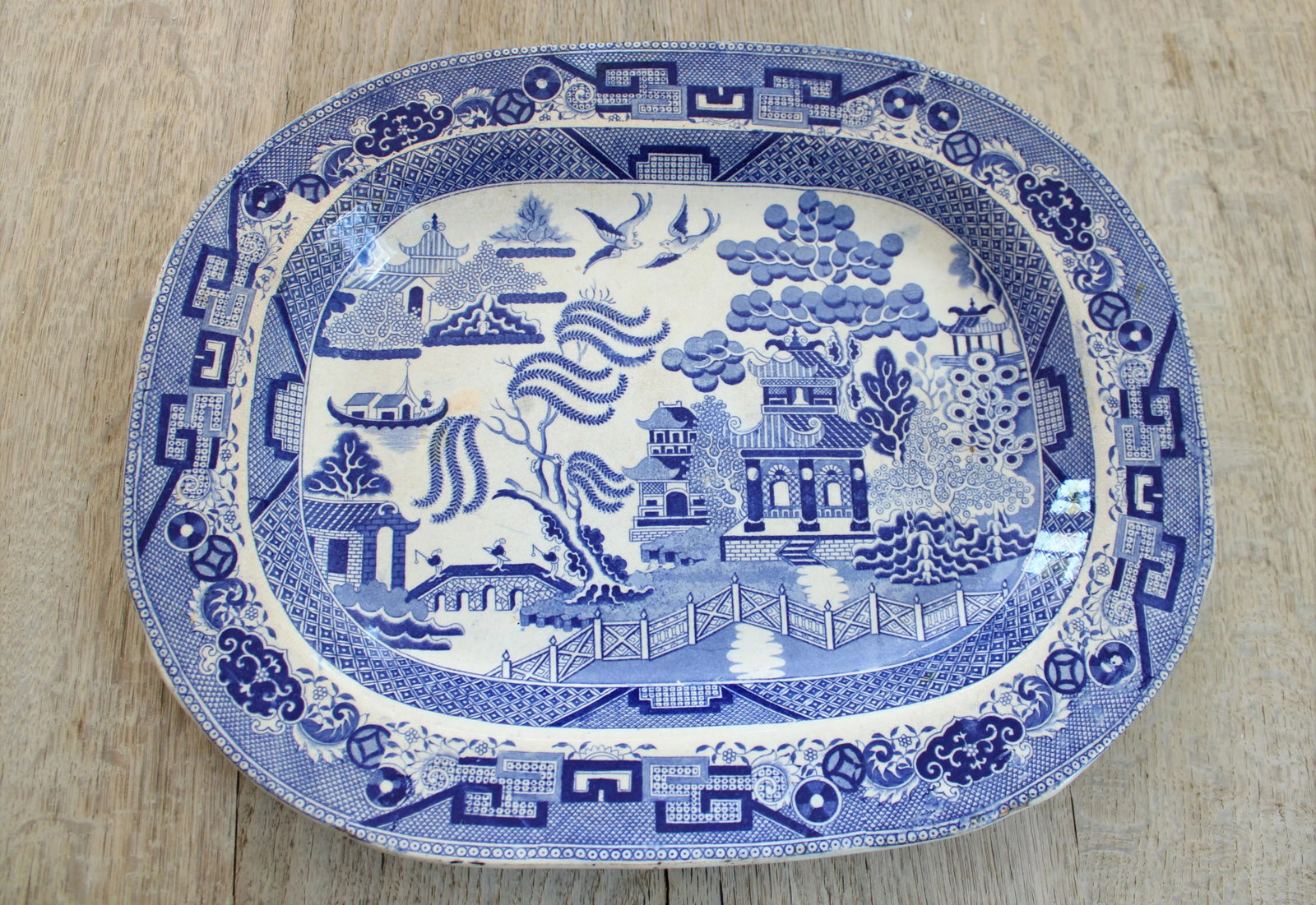 Large 19thC. Staffordshire Blue Willow Platter/Chinoiserie - 5