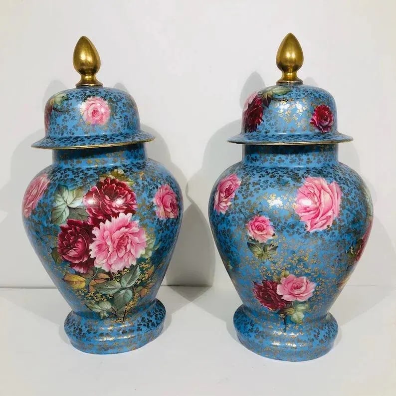 Early 1900s Porcelain Lidded Floral Vases Urns- a Pair - 11