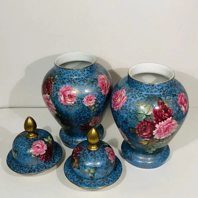 Early 1900s Porcelain Lidded Floral Vases Urns- a Pair - 6