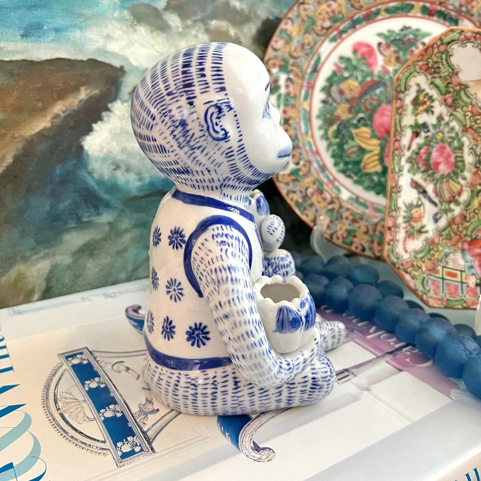 Late 20th Century Chinoiserie Blue and White Monkey With Lotus Flower Bowls - 3