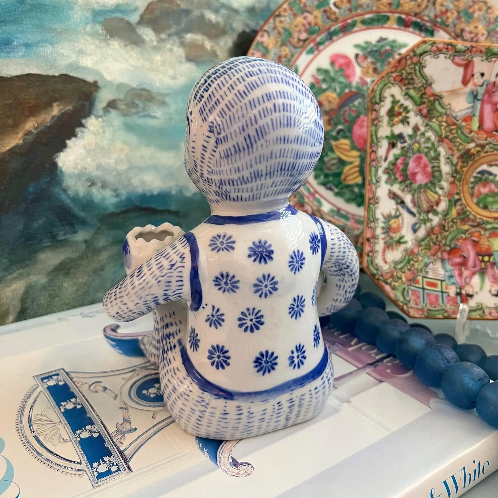 Late 20th Century Chinoiserie Blue and White Monkey With Lotus Flower Bowls - 4