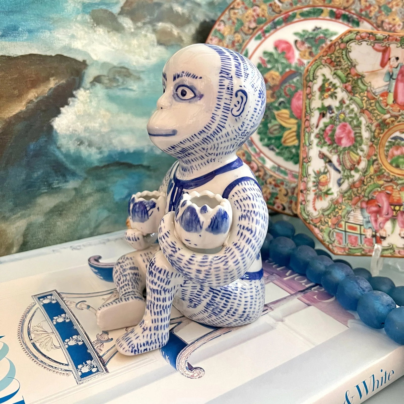 Late 20th Century Chinoiserie Blue and White Monkey With Lotus Flower Bowls - 5