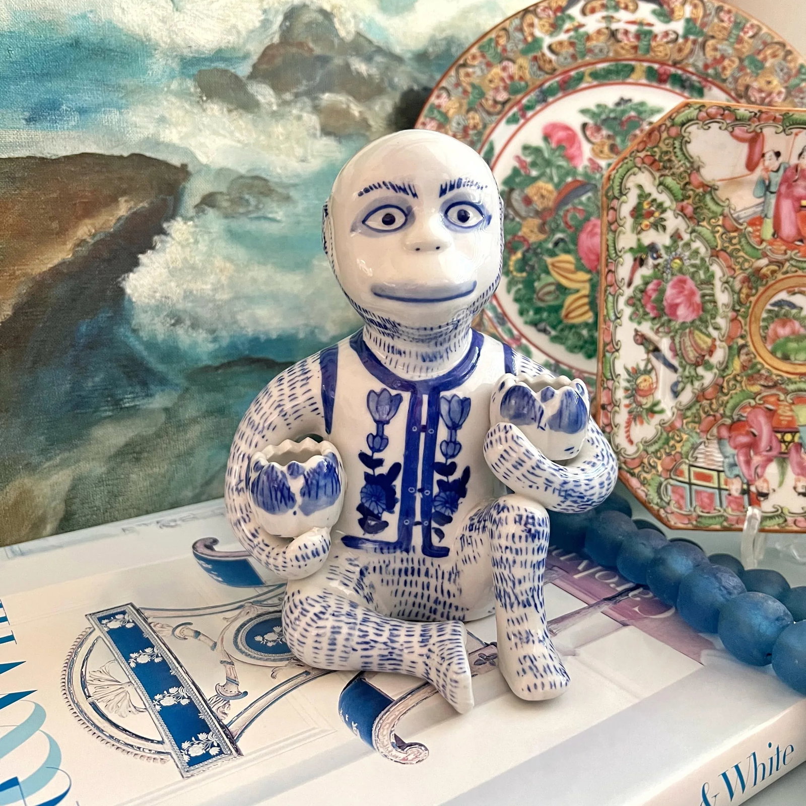 Late 20th Century Chinoiserie Blue and White Monkey With Lotus Flower Bowls - 7