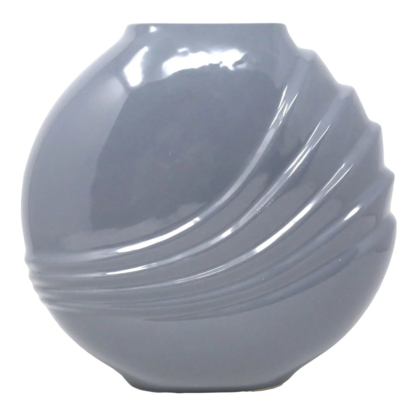 1980's Gray Art Deco Revival Pleated Circular Ceramic Vase: A vintage, 1980's ceramic vase, with a circular, flattened form and pleated, curved details. Solid medium-gray glaze. Good condition. Condition: Alterations: Original Condition Unaltered