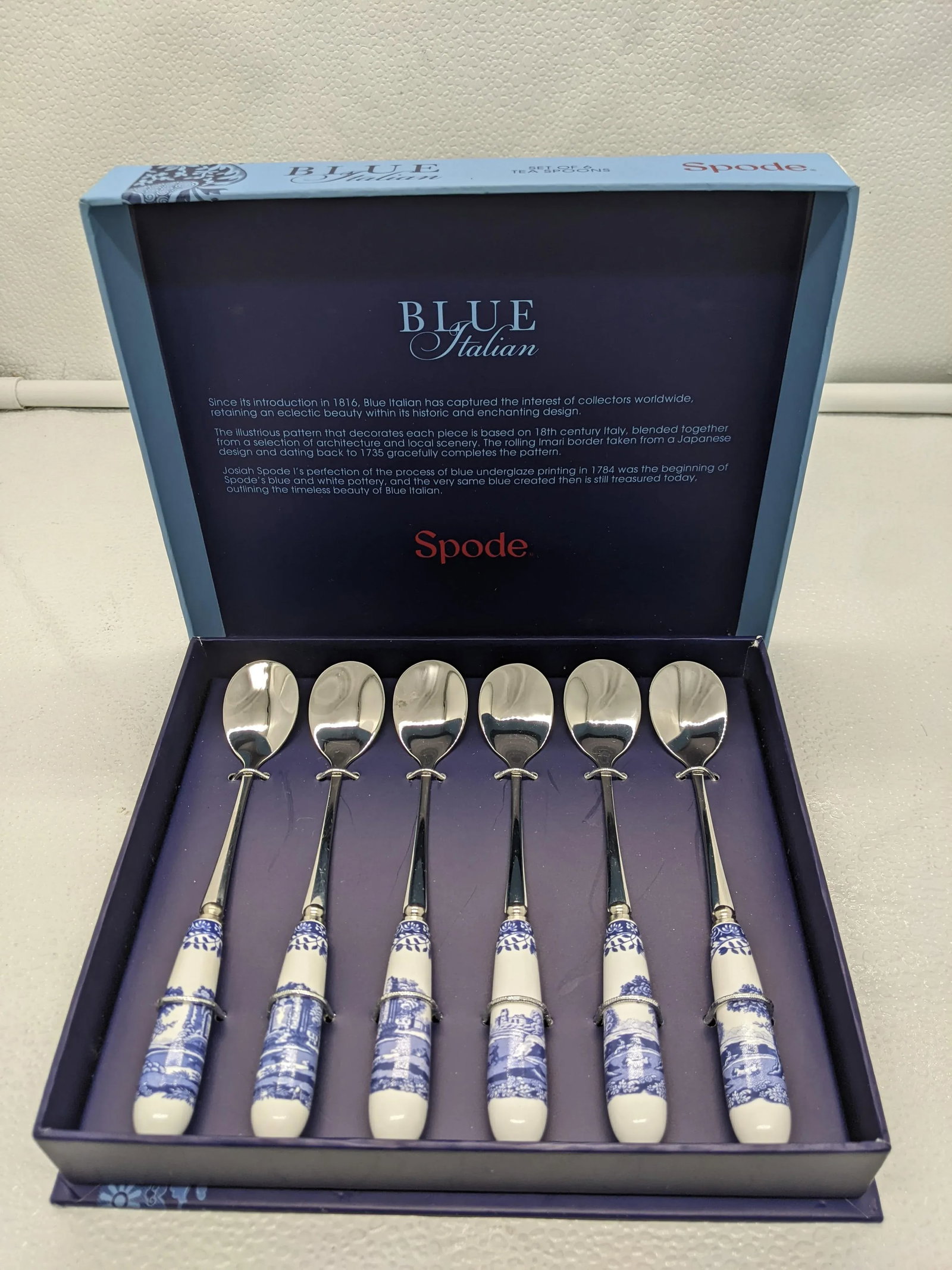 Early 21st Century Spode Blue Room Blue & White Italian Pattern Teaspoons- Set of 6 - 7