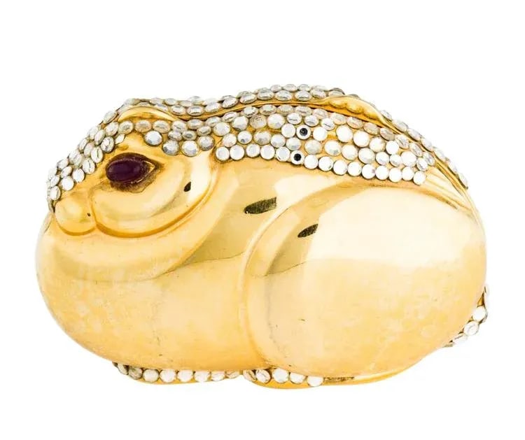 1980s Judith Leiber Bunny Rabbit Gold Plated Metal Rhinestones Crystal Pillbox - 3