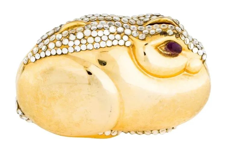 1980s Judith Leiber Bunny Rabbit Gold Plated Metal Rhinestones Crystal Pillbox - 5