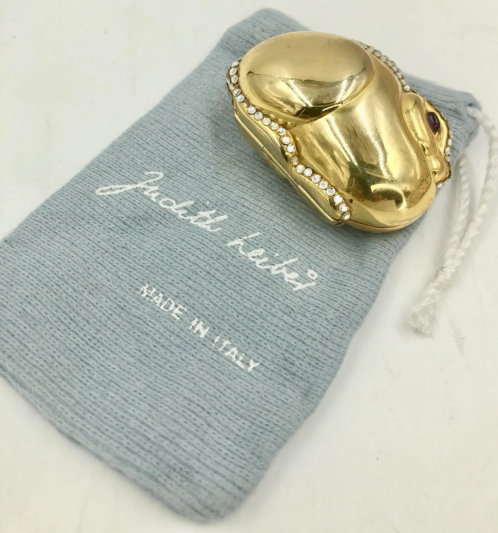 1980s Judith Leiber Bunny Rabbit Gold Plated Metal Rhinestones Crystal Pillbox - 6