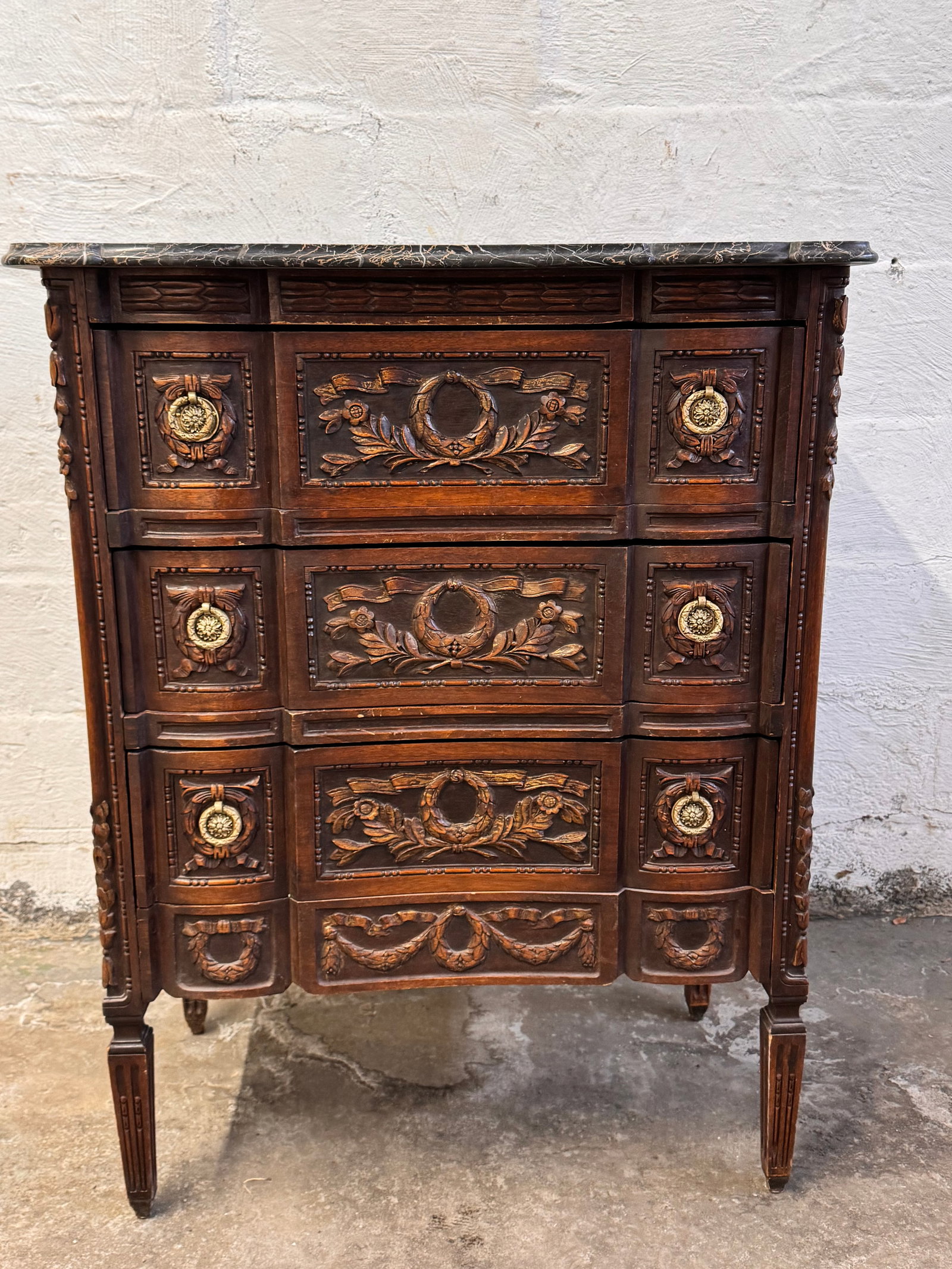 1900s Antique French Louis XVI Style Carved Oak Marble Top Commode - 2