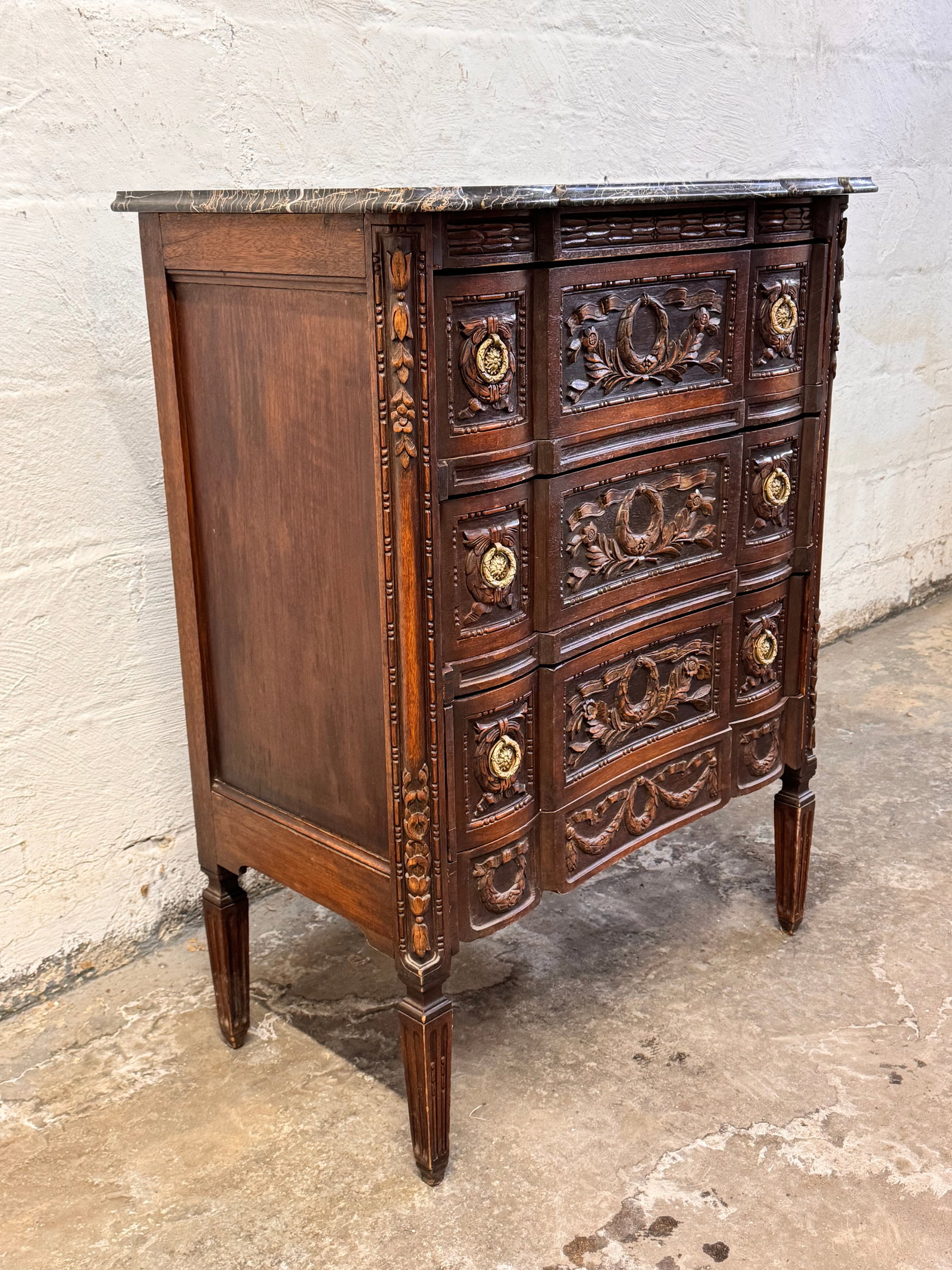 1900s Antique French Louis XVI Style Carved Oak Marble Top Commode - 3