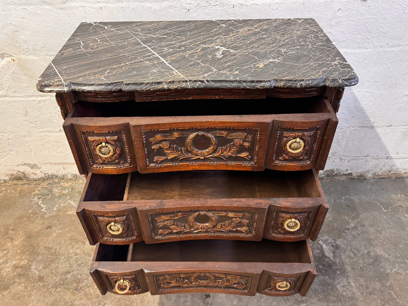 1900s Antique French Louis XVI Style Carved Oak Marble Top Commode - 4