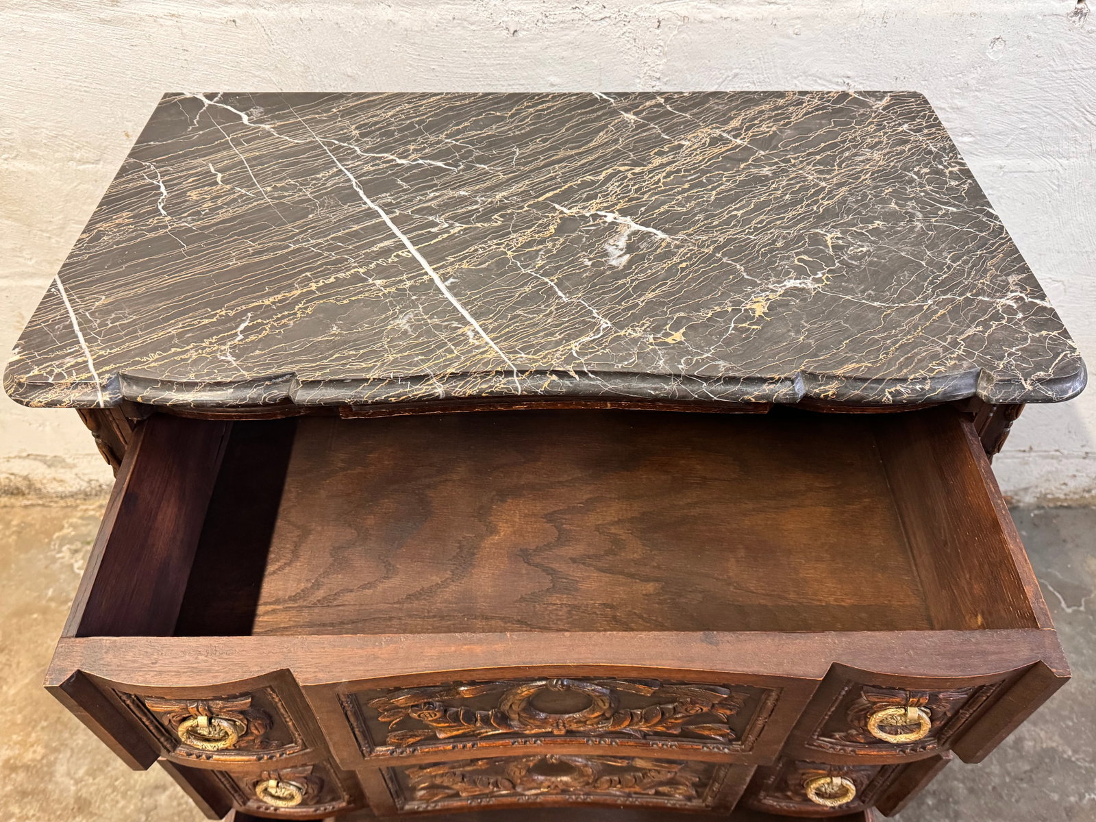 1900s Antique French Louis XVI Style Carved Oak Marble Top Commode - 5