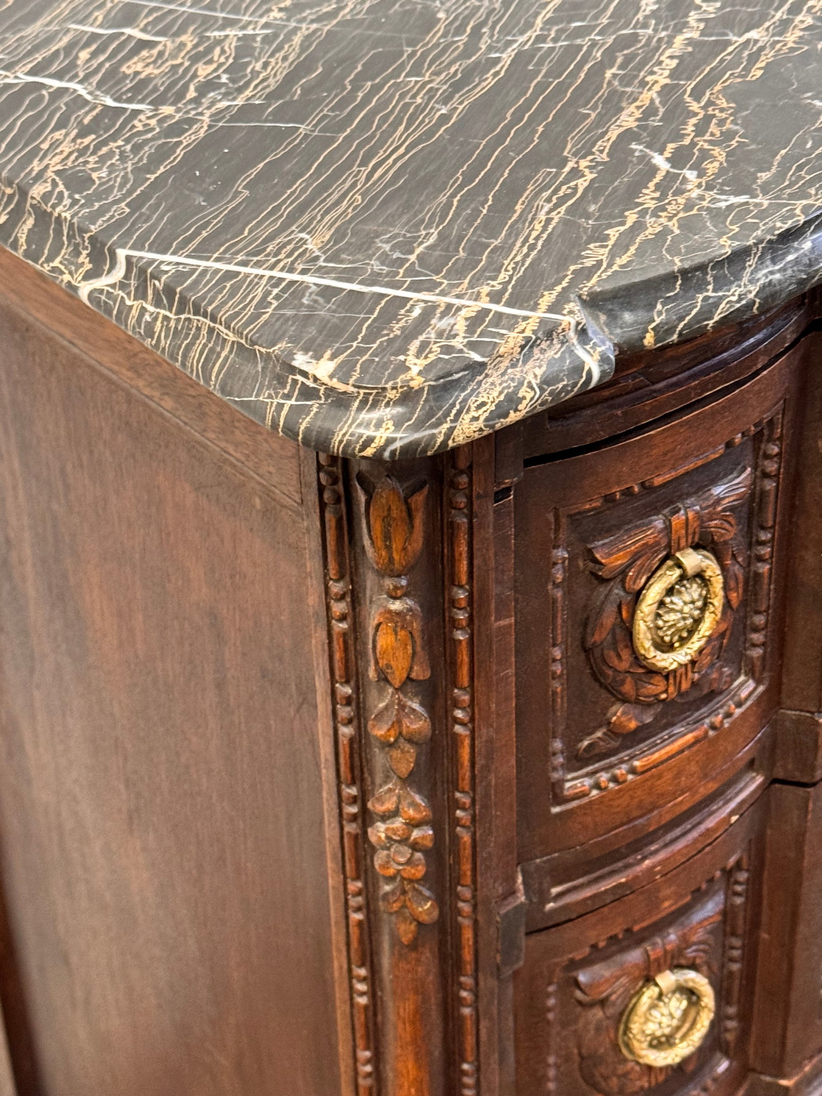 1900s Antique French Louis XVI Style Carved Oak Marble Top Commode - 9