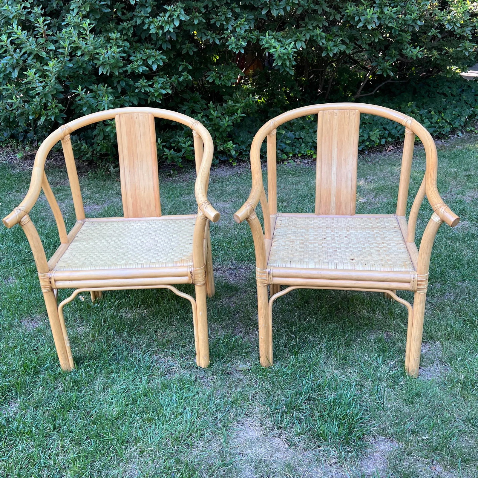 Asian Rattan Horseshoe-Back Armchairs, a Pair - 2