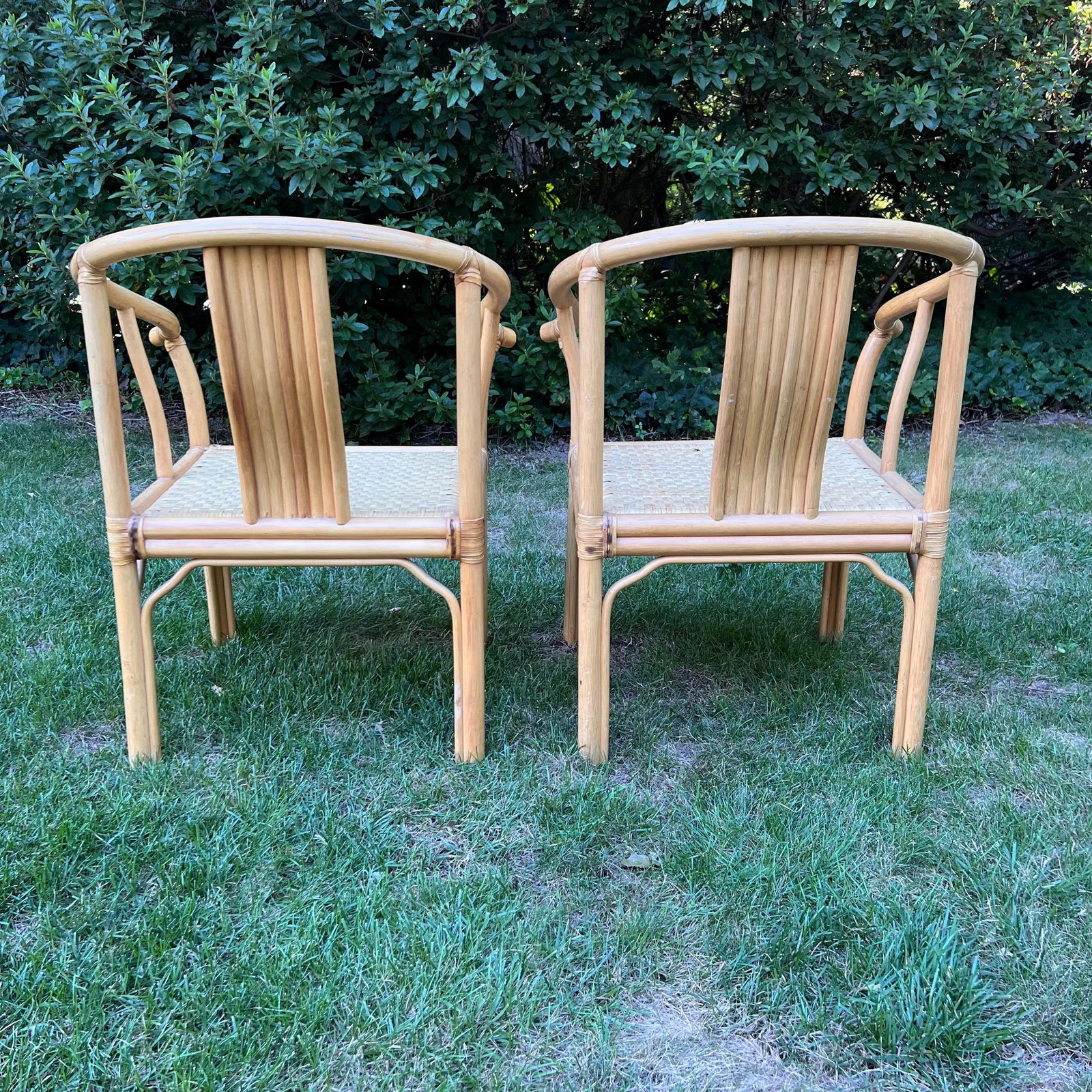 Asian Rattan Horseshoe-Back Armchairs, a Pair - 3