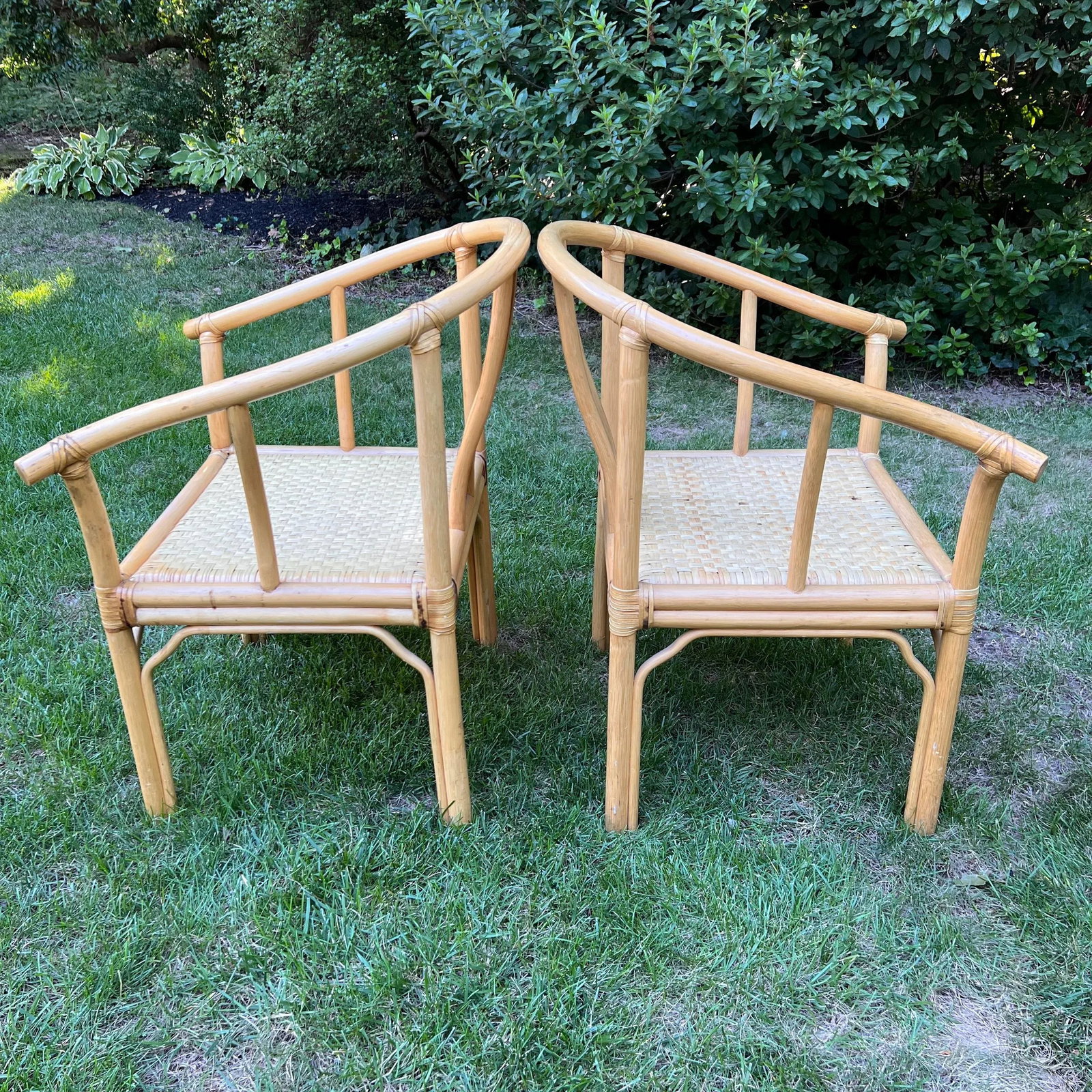 Asian Rattan Horseshoe-Back Armchairs, a Pair - 4