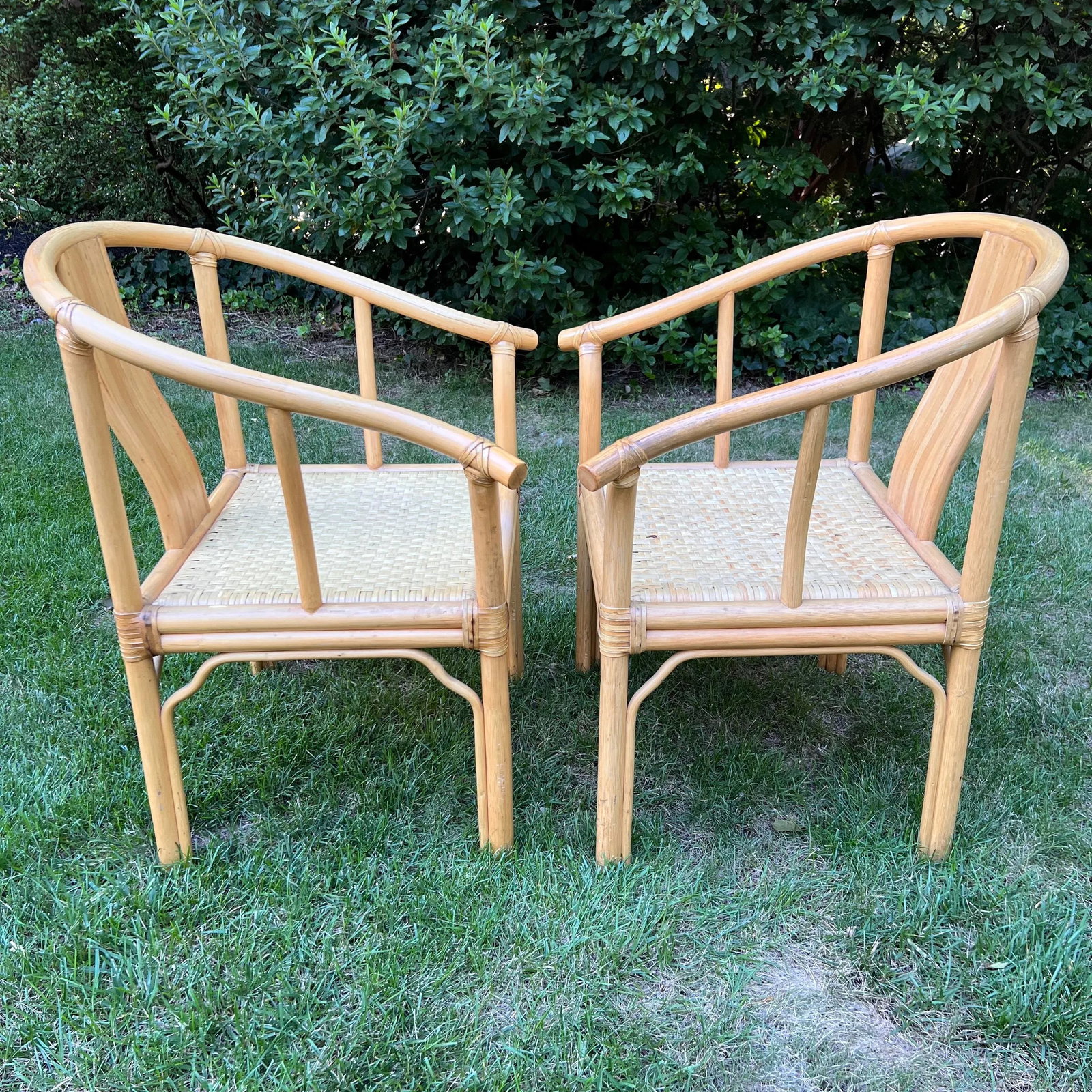 Asian Rattan Horseshoe-Back Armchairs, a Pair - 5