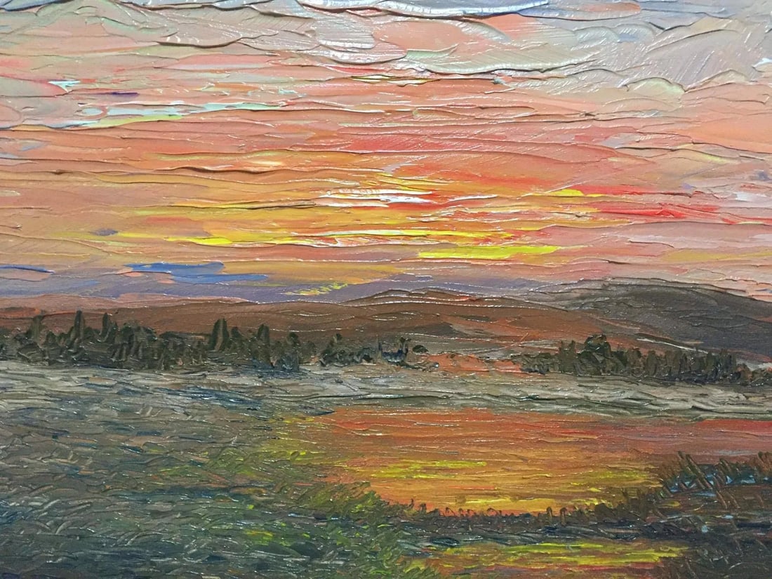 Marshland (Contemporary Impressionist Landscape Painting), Boris Garibyan: A stunning sunset panorama in oil, by award-winning Russian/American painter Boris Garibyan. The striking use of color here speaks for itself. Proudly presented by Guy Lyman Fine Art, New Orleans,