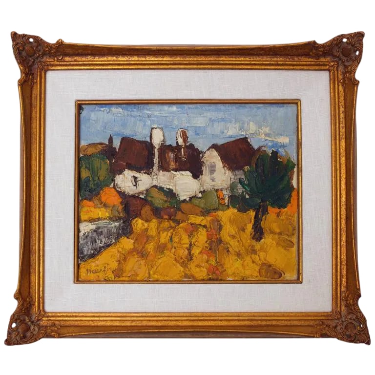Impressionist Painting by French Artist Jacques Daufin: This French impressionist painting dates from the mid-20th century and is by the artist Jacques Daufin. Here Daufin has used an impasto technique in Autumn colors which the antique gold-tone frame