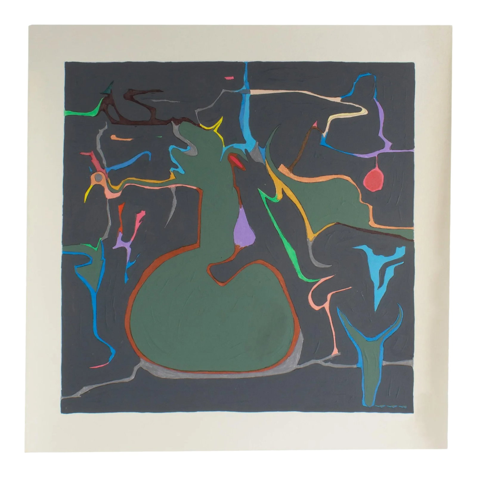 Signed 1981 Abstract Mixed Media Painting by Artist Harry Hilson: A 1981 abstract mixed media painting by American artist Harry Hilson (1935-2004). Composed of gouache, graphite, and colored pencil on paper, distinct geometric and biomorphic shapes and lines are ill