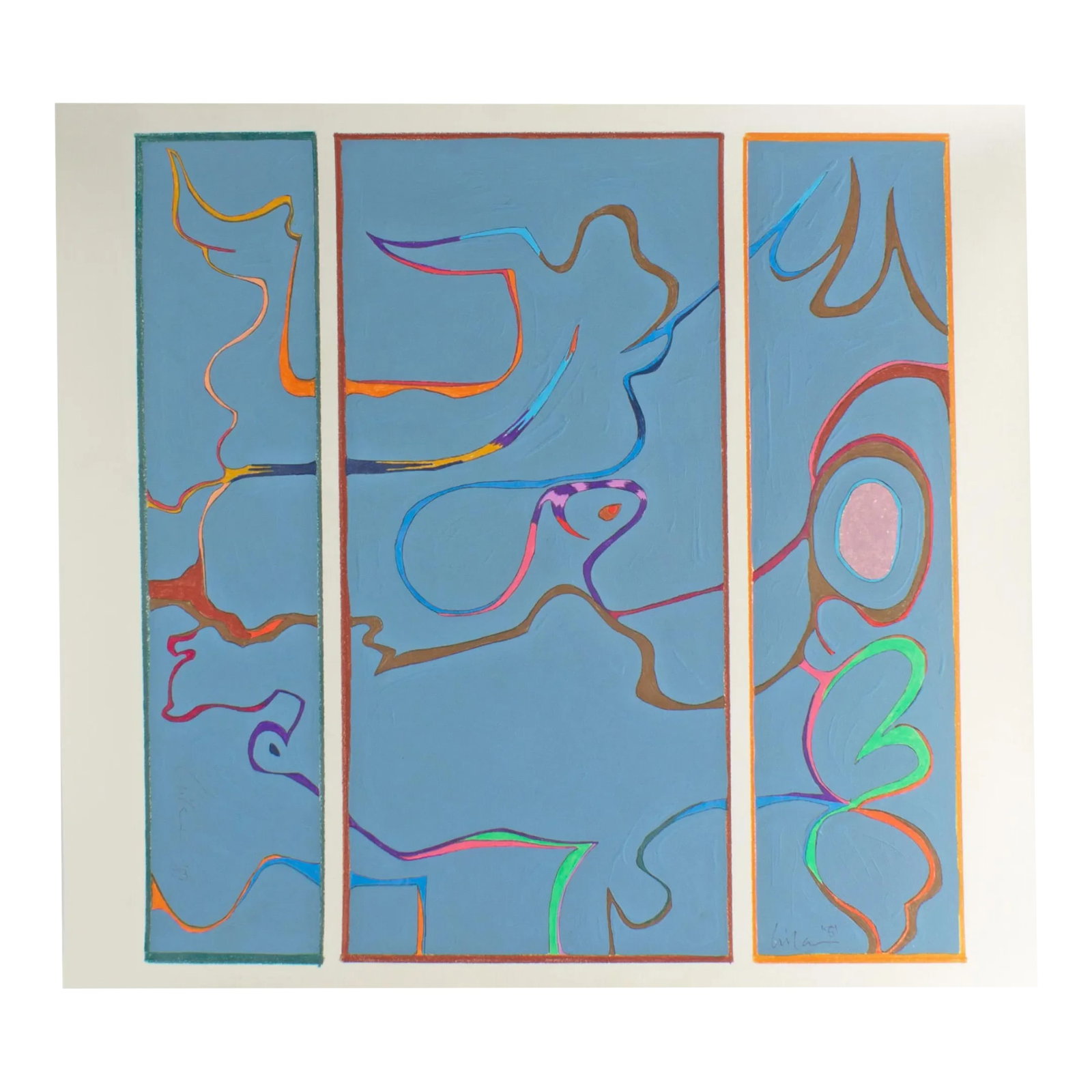 1981 Signed Abstract Mixed Media Painting by Harry Hilson: A 1981 abstract mixed media painting by American artist Harry Hilson (1935-2004). Composed of gouache, graphite, and colored pencil on paper, distinct geometric and biomorphic shapes and lines are ill