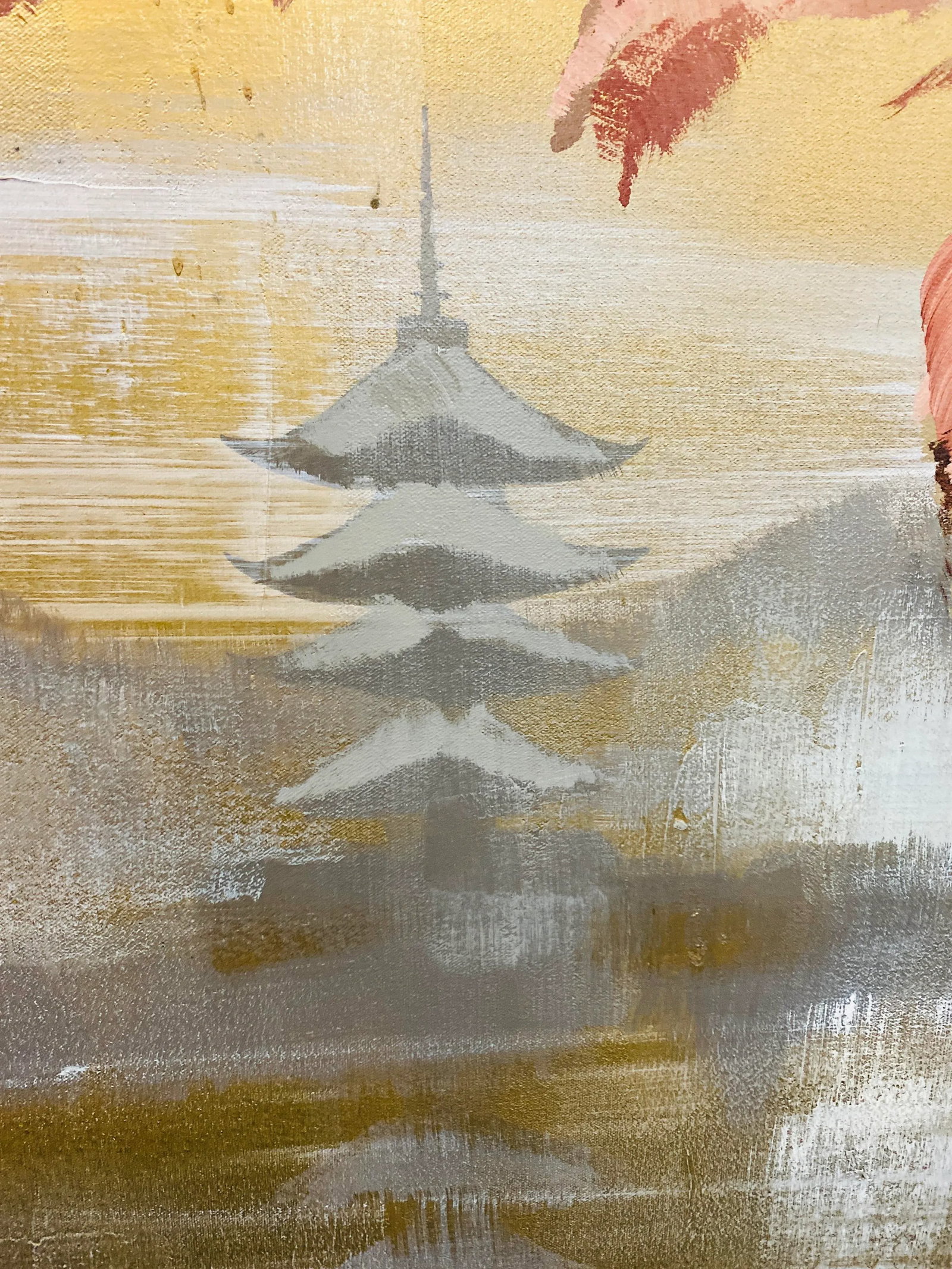 Vintage Lee Reynolds for Vanguard Studios "Asian Sunrise" Pagoda Painting - 3