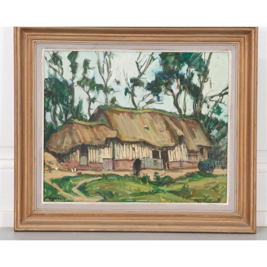 Vintage French Oil on Board Framed Painting of a Cottage - 2