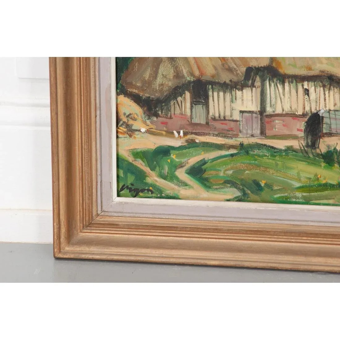 Vintage French Oil on Board Framed Painting of a Cottage - 5