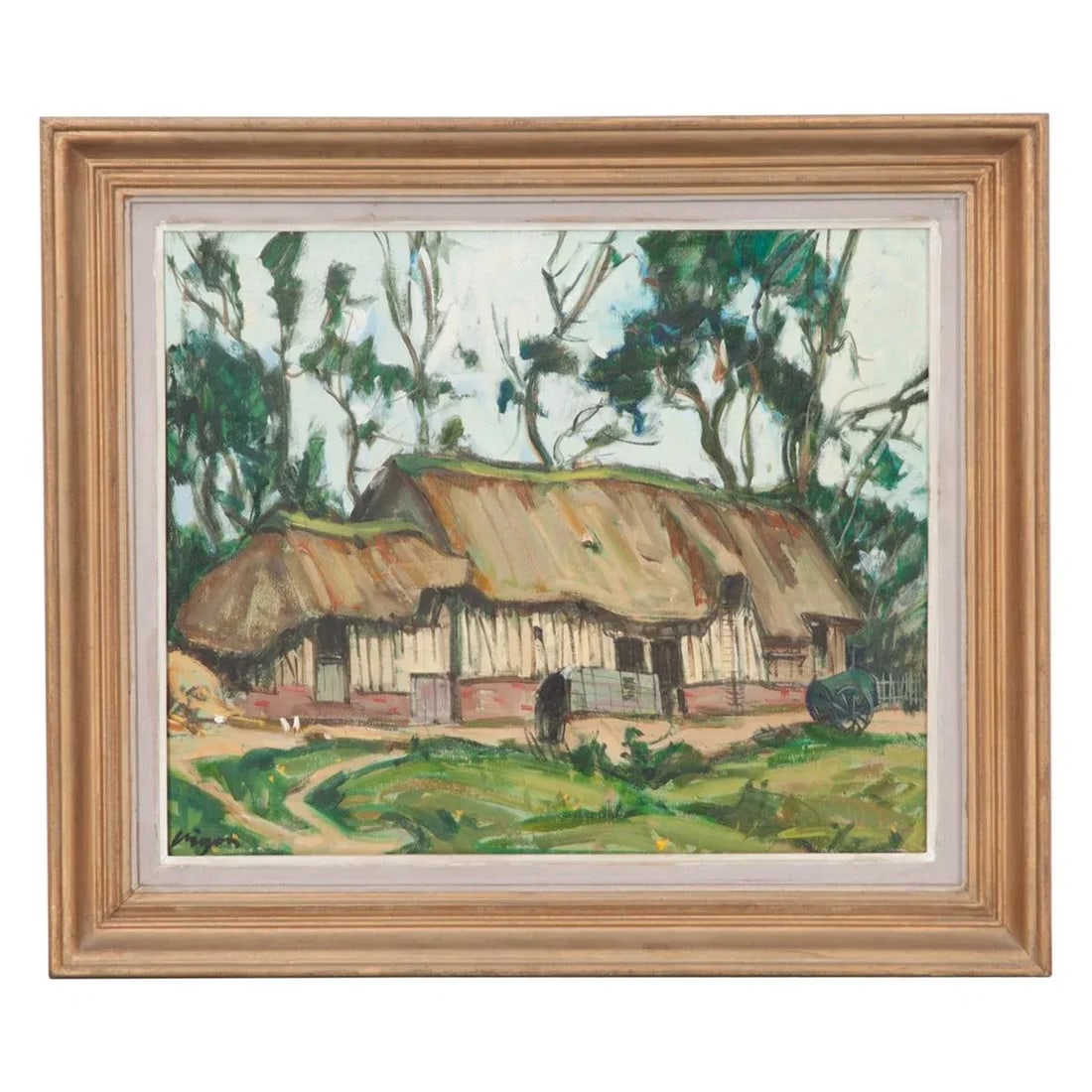 Vintage French Oil on Board Framed Painting of a Cottage - 6